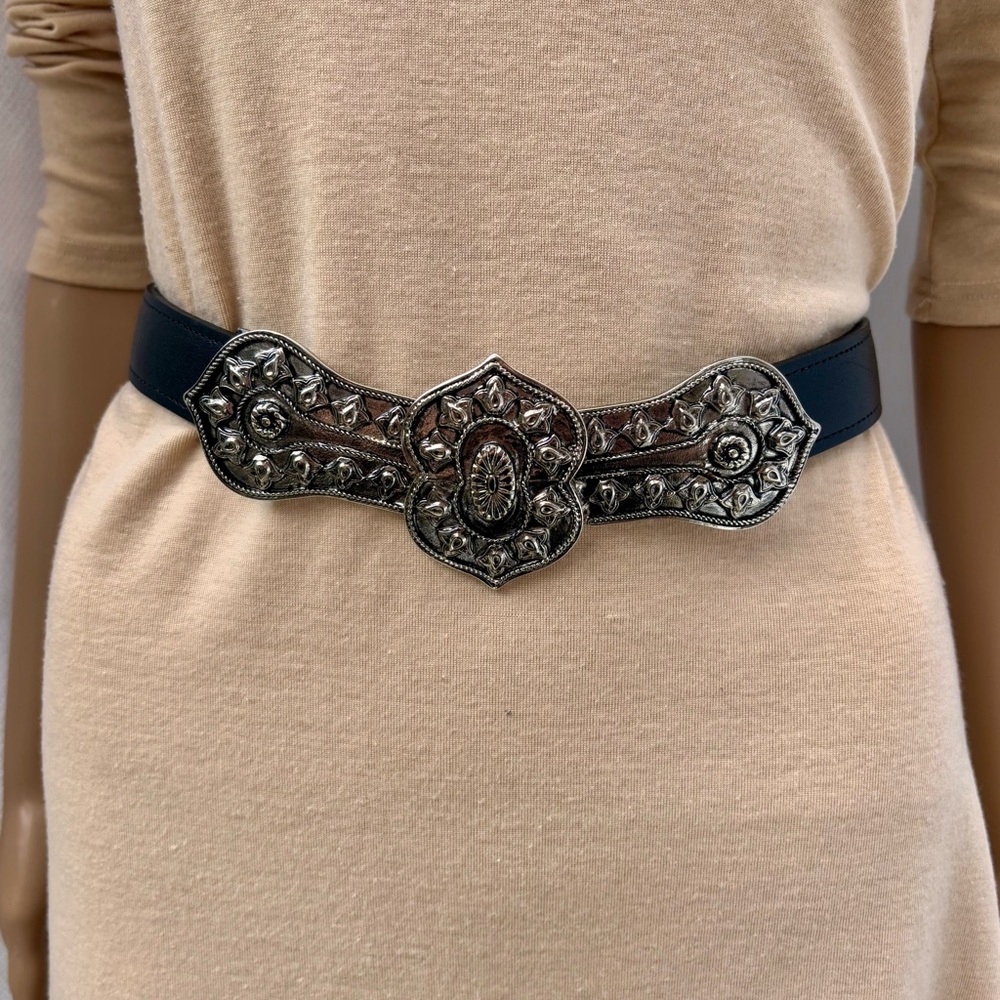 Vintage Kudos Black LeatherBelt with Silver Scrollwork Buckle